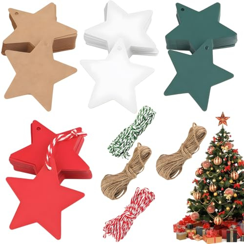 160 Stück Geschenkanhänger Weihnachten Stern, Geschenkanhänger Kraftpapier mit 16M Jute Schnur, Weihnachtsanhänger Stern Kraftpapier Weihnachtsanhänger Papier für Geschenk Flaschen