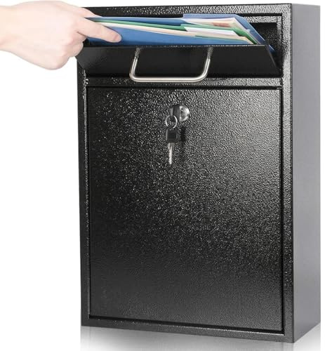 RQUNA Lockable Outdoor Secure Mailbox, Wall-Mounted Metal Mailbox, Dimensions: 15.1 H x 10.2 W x 3.3 D (Black).