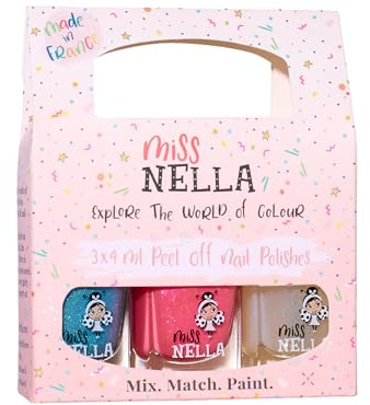 MIss Nella PARTY COLLECTION 3- Nagellackpack mit 3 Abziehbare, geruchsneutrale, wasserbasierte und sichere für Kinder- Blue The Candles (blau), Confetti Clouds (clear) & Marshmallow Overloud (coral)