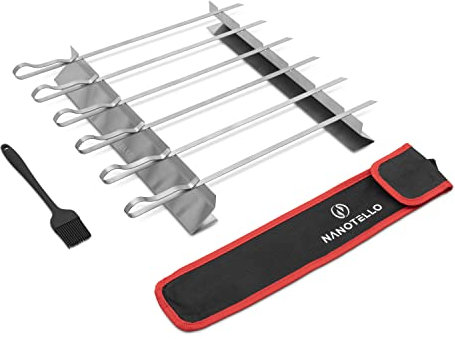NANOTELLO Stainless Steel Kebab Rack with 6 Skewers - Complete with Storage Bag and Silicone Brush