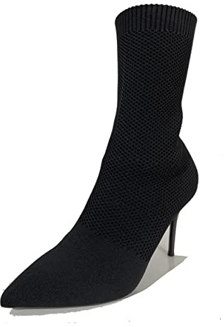 Jeesay Women's Sexy Pointed Toe Sock Ankle Boots Stiletto High Heels Mid Calf Booties Stretch Knit Shoes Warm (7, Black, numeric_7)