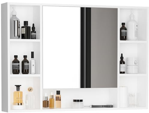 kleankin Specchiera Bagno Mensole Aperte e Armadietto 100x15x70cm Bianco | Anta Specchiata, Mobile Bagno con Specchio Salvaspazio