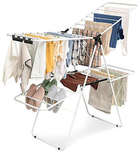 CASART Folding Drying Rack, 2-Level Clothes Airer Adjustable Winged Drying Horse with 33 Rods & 26 Clips, Indoor Outdoor Steel Portable Drying Hanger for Clothes Socks Towels Shoes Quilts