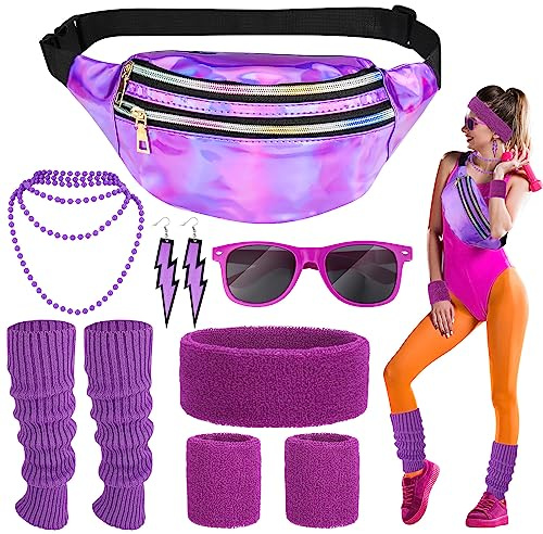 Heyu-Lotus 80er Jahre Outfit Damen Set, 80er Jahre Kleidung Kostüm Neon Accessoires, 80 Outfit mit Ohrring Halskette Bauchtasche Stirnband Armband Sonnenbrille Beinlinge für Karneval Thema Party