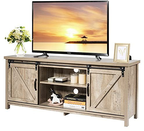 COSTWAY Farmhouse TV Stand for TVs up to 60 Inches, Wooden TV Cabinet Media Entertainment Center with Sliding Barn Door and Storage Shelves, TV Console Table for Living Room Bedroom (Grey Wash)