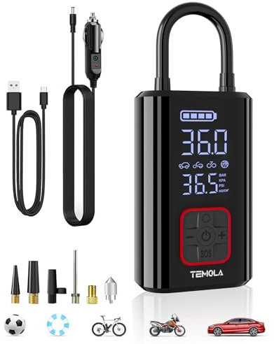 TEMOLA Elektrische Luftpumpe Akku, DC 12V Akku Luftpumpe Auto, 150PSI Akku Kompressor Luftpumpe Mit Digitalem Druckmesser, LED-Licht für Autoreifen, Motorrad, SUV, Fahrrad, Bälle