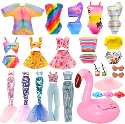 Festfun 17 Pz Abbigliamento & Accessori per Bambole 1 Sirena Costume da Bagno 5 Costumi da Bagno 2 Abiti 3 Pantofole 6 Accessori per Bambole da 11,5 Pollici Abbigliamento da Spiaggia Estate(Non