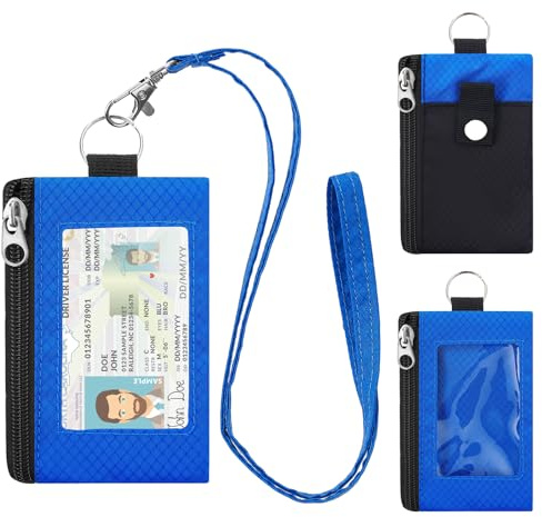 sundee Small Wallet with 2 Zipper Pockets for Women and Men, Water Resistant ID Case with Keychain and Card Holder, Coin Purse Badge Lanyard Pouch for Boys Girls Travel Sports Outdoor-Black+DarkBlue