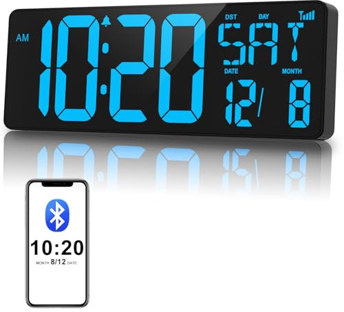 XREXS 17 Inch Digital Wall Clock | Bluetooth Auto-Sync Time | Auto-Dimming | Time, Date, Temperature Display | Digital Clock for Home Office, Classroom, Gym