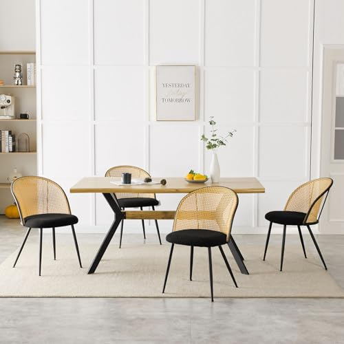 Bekrvio Esszimmerstühle 4er Set mit Rattan Rückenlehne, Faux Leather, Farmhouse Design, Metallbeine – Polsterstuhl für Esszimmer und Esstisch (Schwarz, 4er Set)