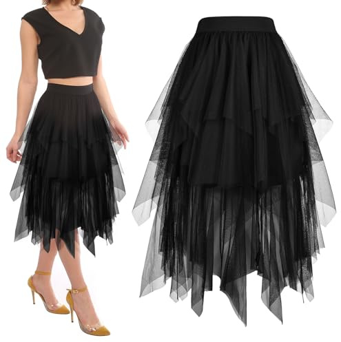 ouhos Jupe plissée en Tulle Asymétrique Tulle Jupe Courtes Jupes Midi Jupe d'été Goth Dentelle Robe Vintage