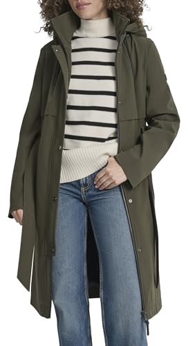 DKNY Women's Hooded Belted Trench Coat – Long Water-Resistant Lightweight Jacket with Pockets, Loden, XL