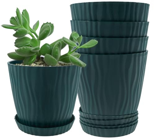 PEIZHIYC 5er Set Blumentopf mit Untersetzer, Pflanztöpfe Kunststoff 14 cm Durchmesser Übertopf Pflanztopf mit Abfluss Modern Anzuchttopf für Innen Balkon Garten (Grün)