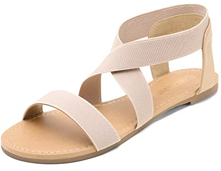 DREAM PAIRS Women's Elastic Ankle Strap Flat Sandals | Elastic crisscross straps, non-slip patterned rubber sole, classic colors, soft skin-friendly leather upper