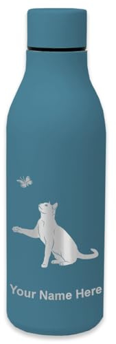 LaserGram Double Wall Stainless Steel Water Bottle, Cat with Butterfly, Personalized Engraving Included (Slate Blue)
