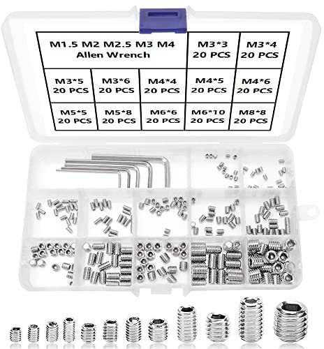 YIXISI 245 PCS Grub Screws Mixed Set, A2 Stainless Steel Cup Point Screw Socket Assortments, Metric Thread Socket Allen Key Grub Screws Set (M3 M4 M5 M6 M8) with Allen Key Wrench