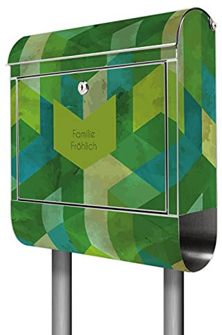 banjado® Briefkasten mit Standfuß personalisiert Motiv Grüne Würfel - Stand Briefkasten Edelstahl mit Zeitungsfach - Postbox/Postkasten A4 Einwurf inkl. Montagematerial & 2 Schlüssel