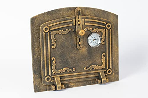 SEZAM leichte Backofentür aus Gusseisen mit Thermometer 500 °C - mit Türriegel, halbrund, Pizzaofentür - Brotofentür - Steinofentür, 31,5 x 3,5 x 37 cm, goldfarben bemalt