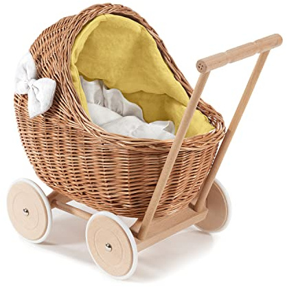 e-wicker24 DESAYER PUPPENWAGEN AUS WEIDE MIT LEINEN BETTWÄSCHE, Spielzeug AUS WEIDEN, NATÜRLICHE KINDERSPIELZEUG (Gelb)