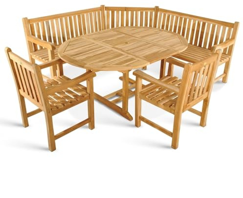 SAM 4tlg. Gartengruppe Borneo, Teakholz massiv, Garten-Set bestehend aus 1x Gartentisch 120-170 x 100 cm, 2X Gartensessel Caracas, 1x Eckbank, für Terrasse, Wintergarten & Garten