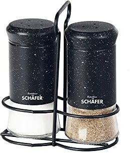 Schäfer 3-teiliges Salz-/Pfeffer-Menage 'Marble Black' - Gewürzstreuer-Set aus Edelstahl und Glas