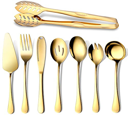 OGORI Set di 8 posate dorate, in acciaio inox lucido, con pinze da portata, forchetta, forchetta, coltelli da burro, cucchiaio, cucchiaio da minestra