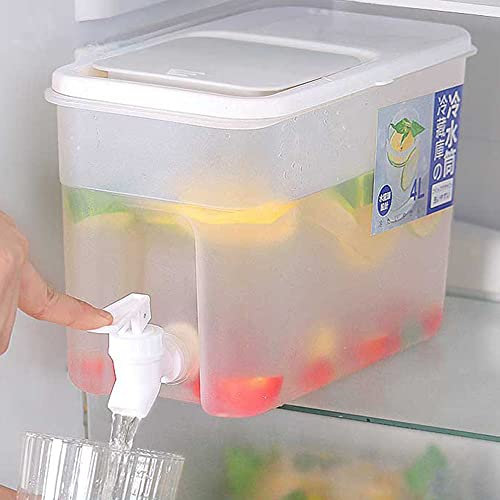 4L Slim Fridge Water Dispenser with Tap, Water Container with Tap, Drink Jar with Spigot, Large Water Jug Drinks Dispenser, Drink Refillable Shelf, Great for Cold Beverages/Punch/Ice Water (White-4L)
