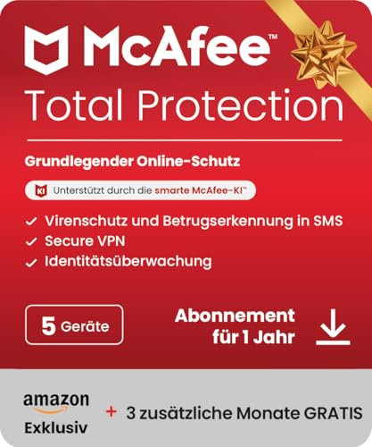 McAfee Total Protection (5 Geräte) 2025 | 15 Monate | Secure VPN, Sicherheitssoftware mit Virenschutz, Kennwort-Manager, Identitätsüberwachung | Digitaler download
