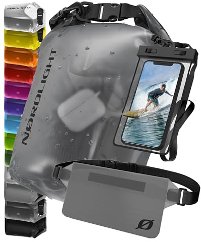 Nordlight wasserdichte Tasche 3er Set (Anthrazit) - Dry Bag 30l + wasserdichte Handyhülle + wasserdichte Hüfttasche | IPX8 Schutz | Mit Verstellbaren Gurten Für Strand, Stand Up Paddling