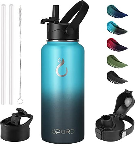 Opard 1L Edelstahl Trinkflasche, 3 Deckel (Strohhalmdeckel, Klappdeckel, Ausgießerdeckel)，Thermoskanne Vakuum Doppelwandisolierung Auslaufsicher Thermosflasche für Sport, Reisen, Camping