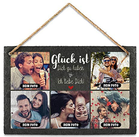 PR Print Royal Schieferplatte selbst gestalten - mit 5 Fotos bedrucken - Glück ist - Geschenk Valentinstag, Jahrestag, Hochzeit, Geburtstag | Schiefertafel mit Kordel, 20 x 30 cm