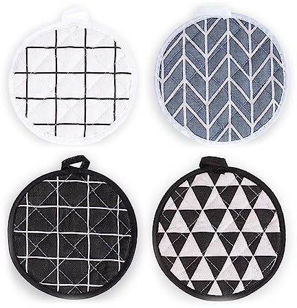 Set di 4 Presine Rotonde in Cotone a Fantasia Minimalista in 4 Colori - Resistenti al Calore, Anelli per Appendere, Design Unico