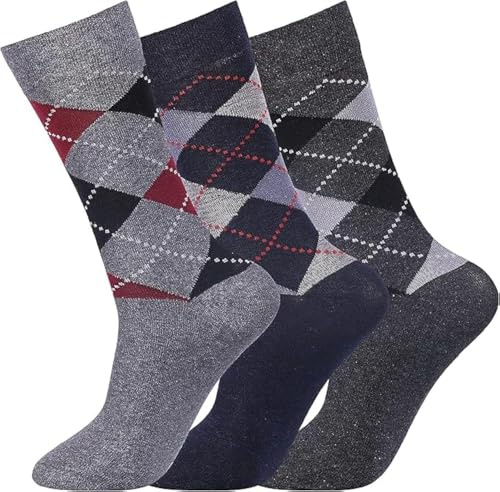 COSHAL ® 3 Paar Diabetiker-Socken für Herren, Argyle, breite elastische Baumwollsocken, unverbindlich, lockeres Oberteil, Herrensocken, weiche Griffsocken, freundliche geschwollene Füße, Herrensocken,