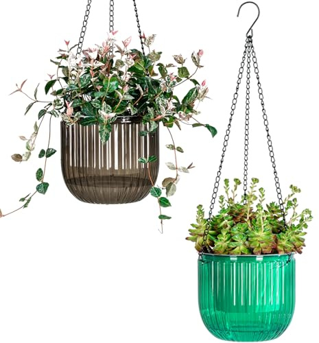 Josteve 6.5 Inch 2 Pcs Self Watering Hanging Planters Indoor Plant Pots with Drainage Holes, Outdoor Hanging Flower Pot Basket Visible Water Level, Plant Hanger Home Decor, Gardening (Emerald & Grey)