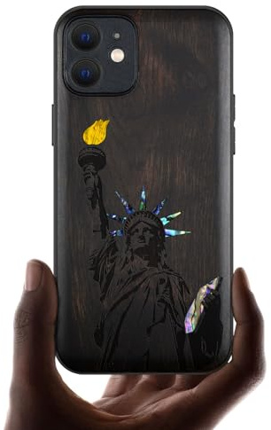 Carveit Bois Etui pour iPhone 12 Magnétique Coque, Incrustation de Coquille Protection de Téléphone Antichoc Compatible avec Apple 12 Étui Magsafe (Bois Sombre-Statue de la Liberté)