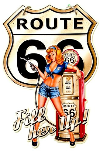 DiiliHiiri Cartello stradale 66 - Route 66 - Targa in metallo da Garage vintage (40 x 27 cm) - Targa metallica Pin up retrò stile antico - Decorazione per bar - Lamiere vintage - Officina - Garage -