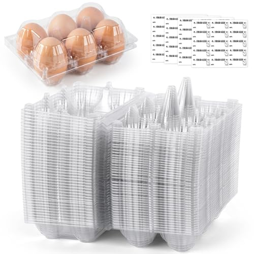 HANSGO 60 PCS 6 Count Plastic Egg Cartons Bulk, with 60PCS Date Labels, Clear Stackable Egg Holder for Fresh Medium Eggs Storage, Perfect for Farm, Family, Markets Display