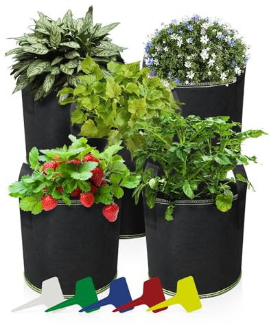 Trongle 5 Pack 7 Gallon Plant Growing Bags, Non-Woven Breathable Fabric Grow Bags with 5 Plant Label and Strap Handles, Reusable Garden Growing Containers for Tomato Strawberry Vegetable Fruit Flower