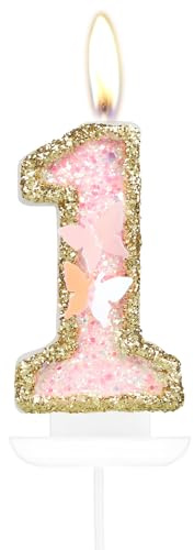 Gold rosa Schmetterling Nummer 1 Kerzen, Alles Gute zum ersten Geburtstag Kerzen für Kuchen, Mädchen erste Geburtstagskuchen Dekorationen, Schmetterling ein Kuchen Topper, erste Geburtstagskuchen