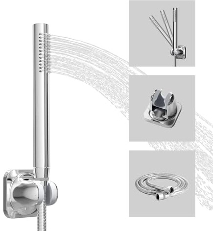 ACEFY Duschkopf wassersparend 1 Strahlart Handbrause/Stabhandbrause Duschbrause massiv Messing Gebürstet mit leicht zu reinigenden Gummidüsen (Verchromt Duschkopf +Schlauch+Halterung)