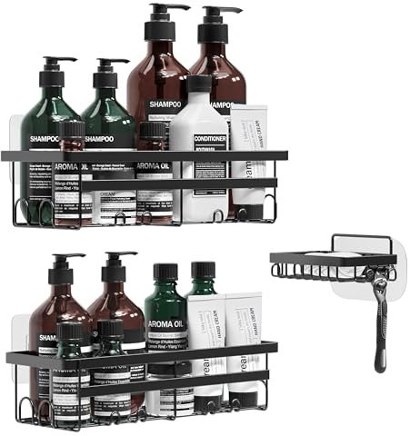 W&S Estanteria Baño Sin Taladro Lote de 3 - Estanteria Ducha en Acero Inoxidable | 2 Estante Ducha + 1 Jabonera Ducha | Baldas Pared Sin Agujeros, Accesorios Baño & Cocina, Repisas Para Baño - Negro