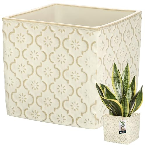 KOTARBAU® Keramik Blumentopf quadratisch Vintage Creme 13x13cm H: 13cm glasierte Keramik 1 St. Blumentopf viereckig Pflanzkübel quadratisch Blumentopf drinnen Blumentopf Pflanzgefäß Blumentöpfe