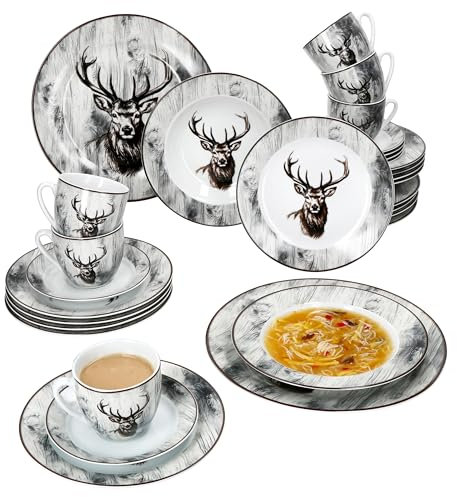 MamboCat Alois, servizio combinato da 30 pezzi, in porcellana con decorazione a cervo, per 6 persone, 6 tazze da 200 ml, piattini, piatti da torta, piatti fondi e piani