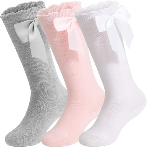 DRESHOW Knähöga Strumpor För Barnflickor Småbarn Klädsockor Baby Bow Stocking Bomullsstrumpor för Spädbarn