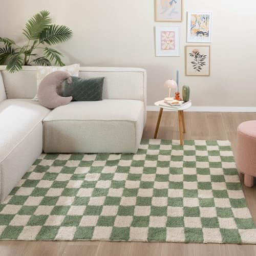 FRAAI | Home & Living Retro Teppich - Gambit Grün Weiß - 120x170 cm | Symmetrische, Blöcke - Retro - Wohnzimmer, Kinderzimmer, Schlafzimmer - Fellteppich