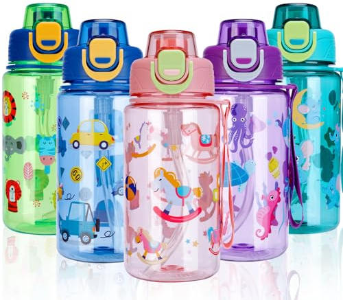 SENBSLAN Kids Water bottles with Removable Straw,600ml Drinks Bottle for School,Leakproof Bottle BPA free Sport Bottles(Pink-Unicorn)