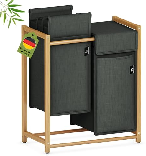 AdelDream Wäschekorb 100L, 2 Fächer Wäschesammler, Bambusrahmen | Wäschesortierer 2 x 50L, abnehmbarer Sack, atmungsaktiv,Dunkelgrau