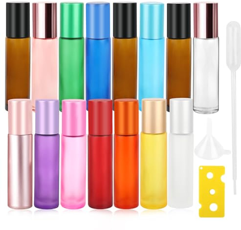 YARVPUV Roll On Aceites Esenciales Botellas 10 Ml, 15 Pcs Botella De Rollon Esmerilada De Color,Con Bola De Acero Inoxidable,Para Perfume, Aromaterapia, Masajes, Viajes
