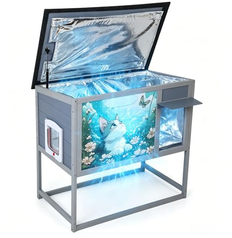 Furpal isoliertes Katzenhaus Outdoor Winterfest mit hohen Beinen – Grau mit Buntem Design, Holz Haustierhaus wetterfest mit PVC-Türvorhang, Wärmedämmung & aufklappbarem Dach für Katzen und Kleintiere