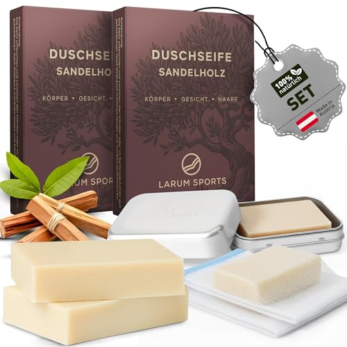 larum sports feste Duschseife Männer, feste Seife, Sandelholz, SET | Festes Shampoo, Seife Stück, 3 in 1 Haare Körper Gesicht, Naturseife, Körperseife, festes Duschgel Männer